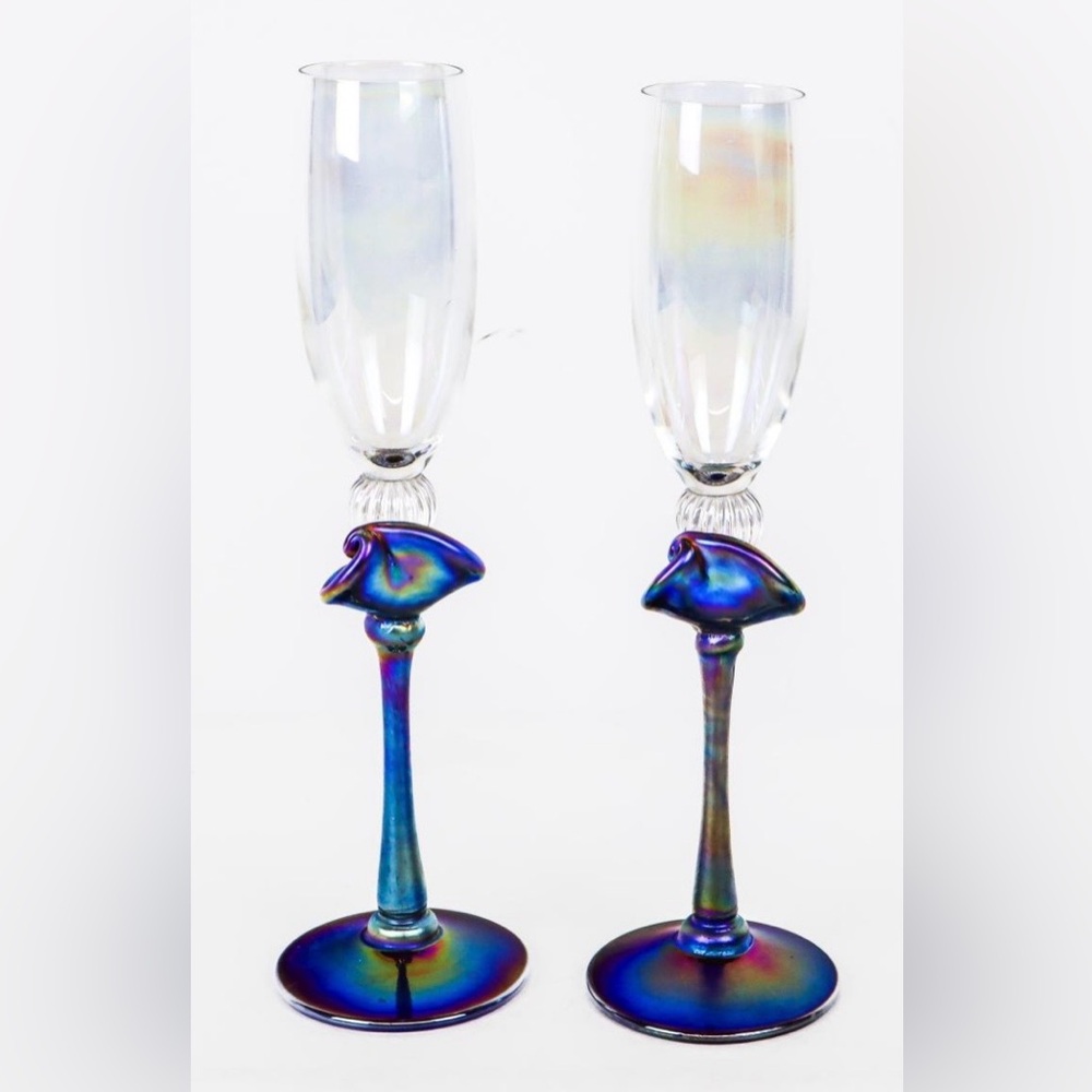 🥂GORGEOUS Estate Murano Crystal & Iridescent Glass Flutes (2), 11.25” x 3.25” - Picture 2 of 9